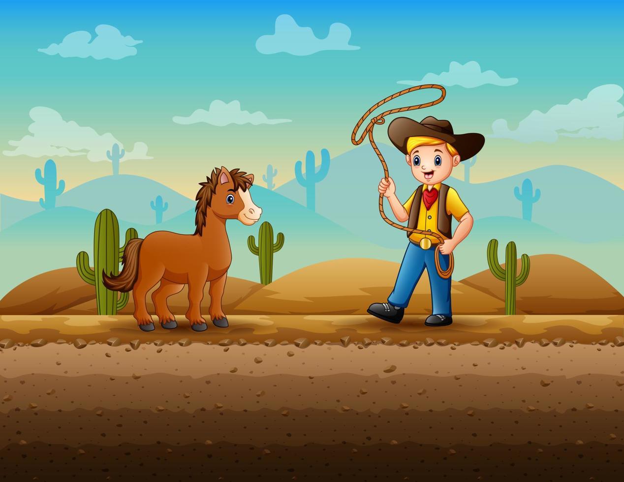 een cowboy die wilde paarden vangt in de woestijn vector