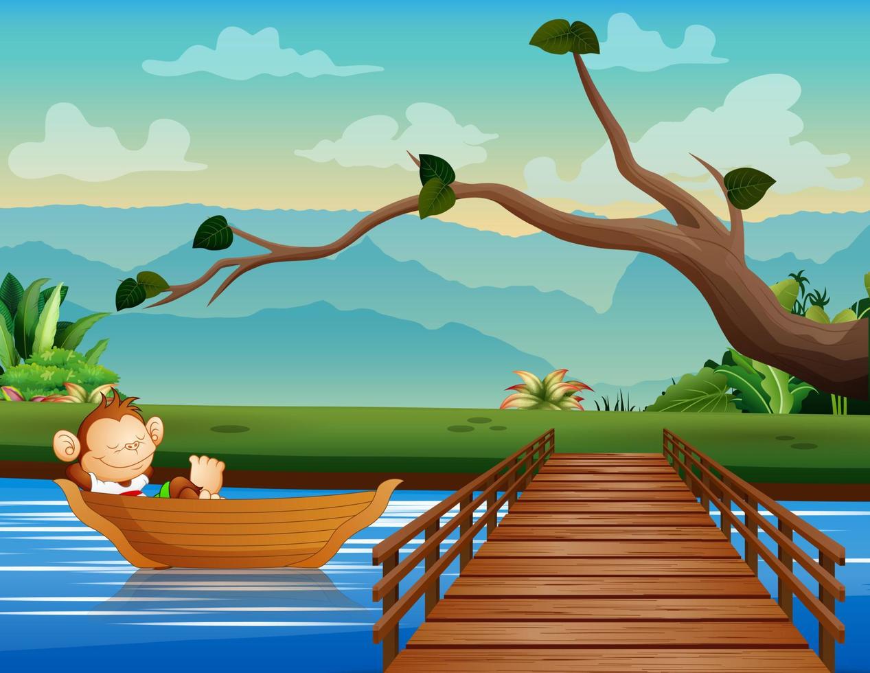 schattige aap cartoon slapen op houten boot vector