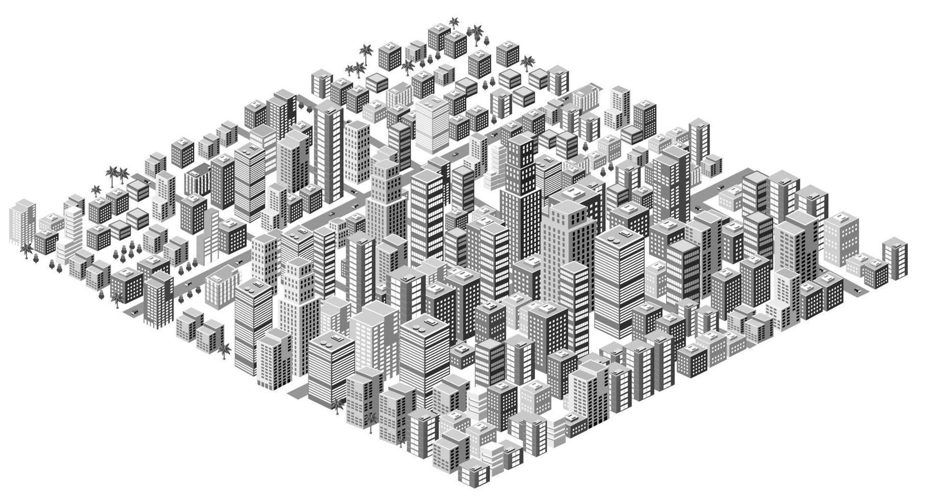 isometrische 3d illustratie stad stedelijk gebied met veel huizen en wolkenkrabbers, straten, bomen en voertuigen vector