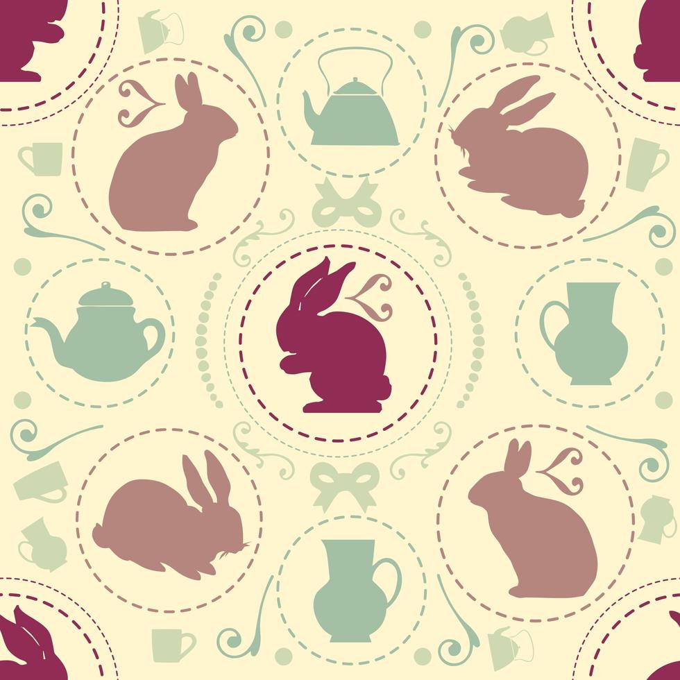 naadloze zoete vintage patroon achtergrond met konijn en theepot vector