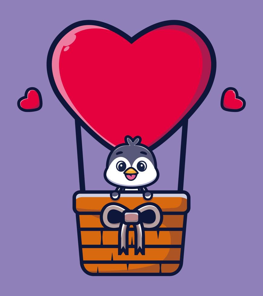 schattige pinguïn vliegen met liefde ballon cartoon vectorillustratie vector