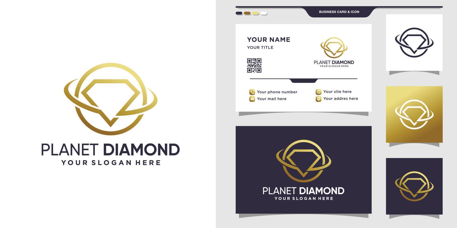 planeet diamant logo met lijn kunststijl en visitekaartje ontwerp premium vector