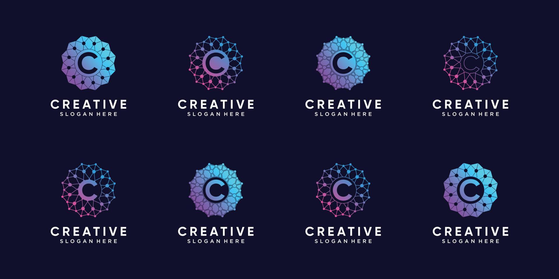 set van creatieve monogram logo ontwerp technologie beginletter c met lijntekeningen en dot stijl. premium vector