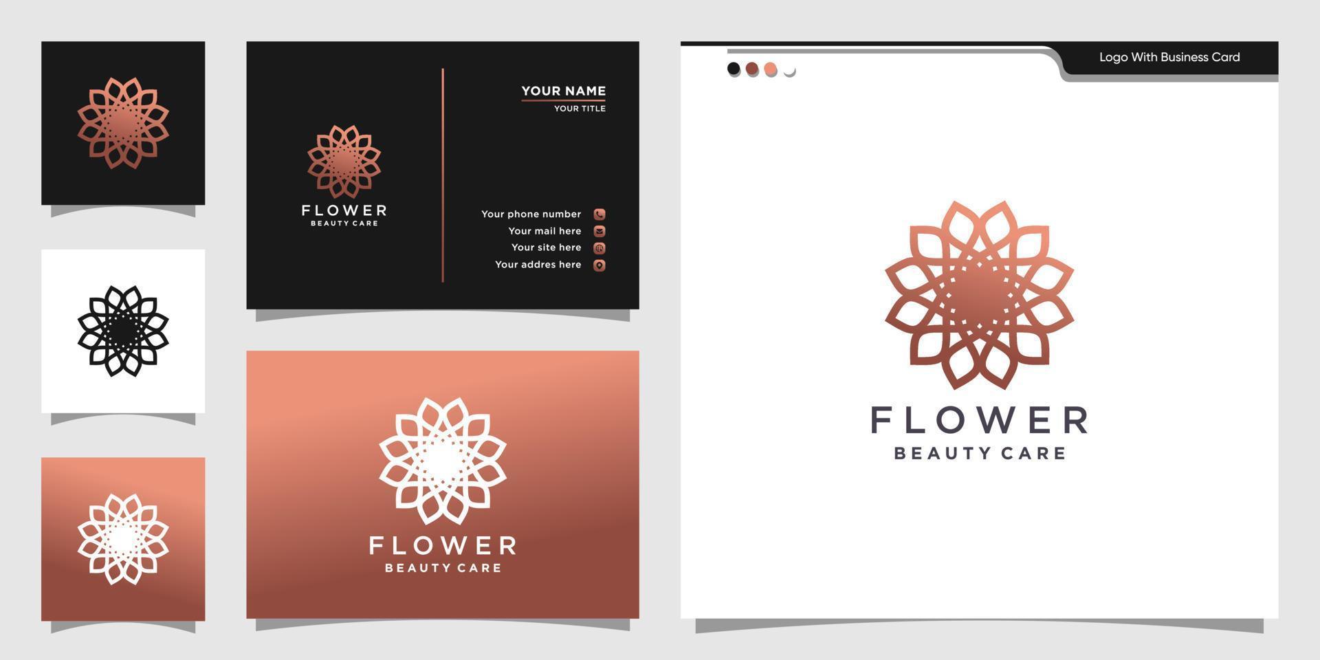 bloem schoonheidsverzorging logo ontwerp lineaire stijl en visitekaartje. logo-ontwerp en visitekaartje premium vector