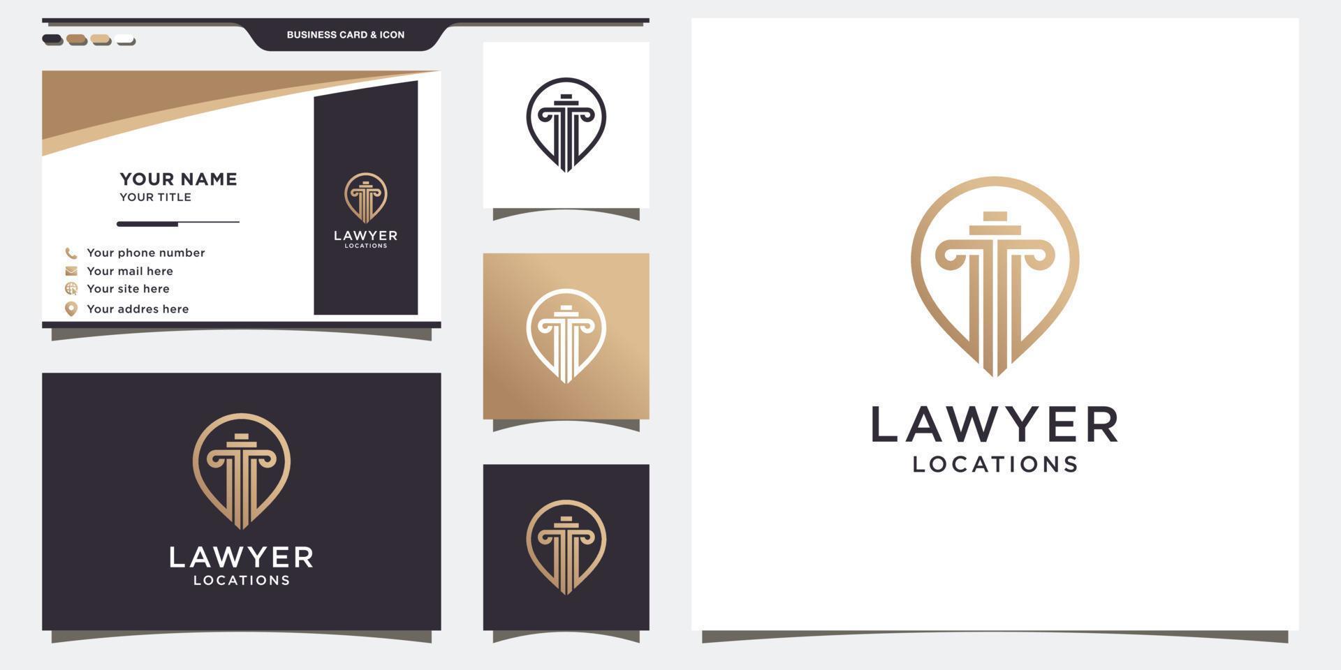 advocaat logo sjabloon met pin concept en visitekaartje ontwerp. premium vector