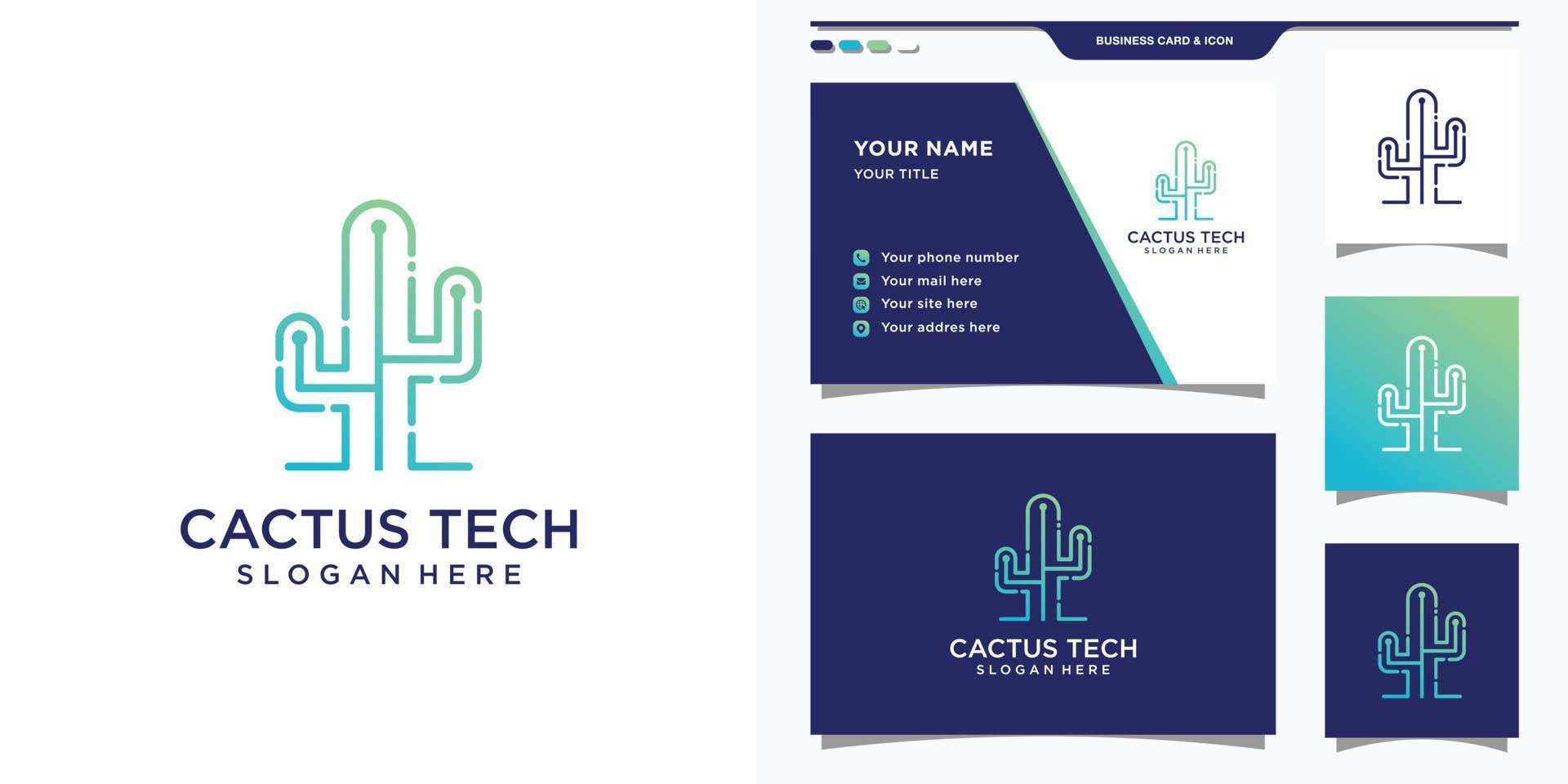 cactuslogo met gradiënt-tech-stijl en visitekaartjeontwerp. cactus tech logo ontwerp sjabloon premium vector