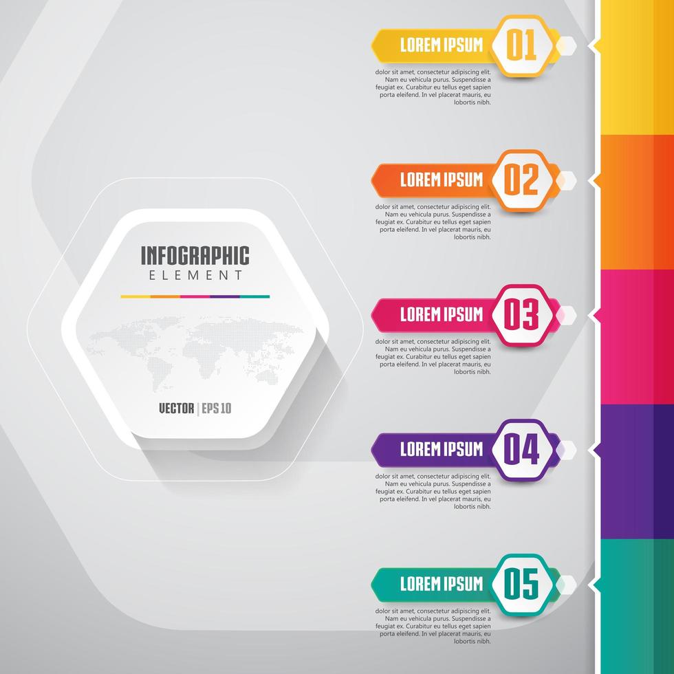 Tijdlijn infographics ontwerp met 5 stappen en kleurrijke rand vector
