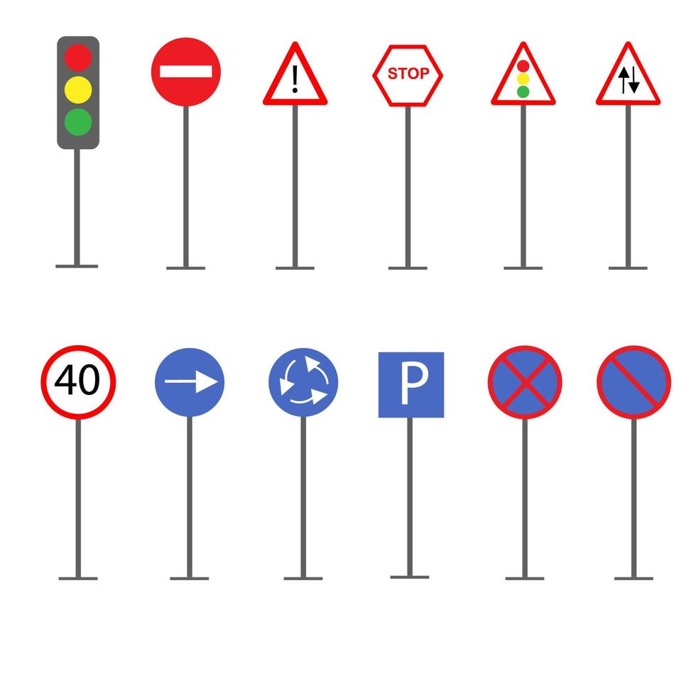 set van verkeersborden en verkeerslichten op een witte achtergrond. vector