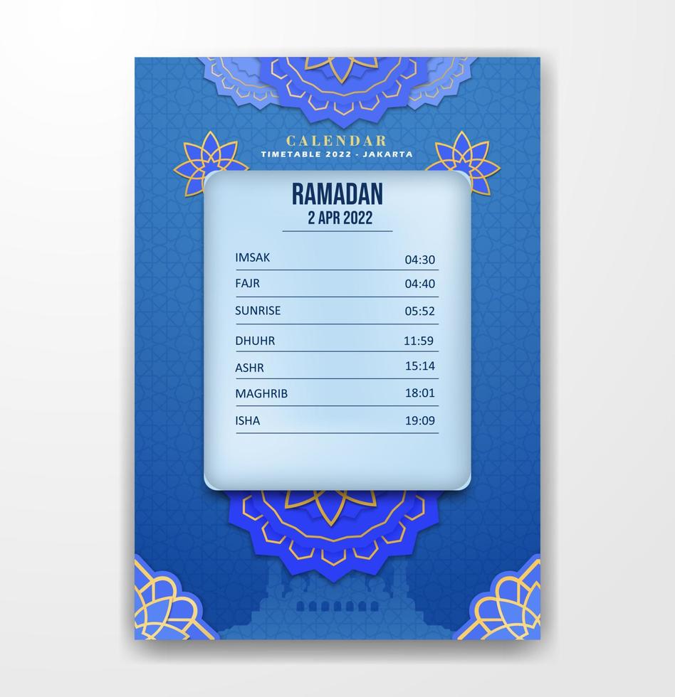 realistische ramadan gebedstijden en imsak kalendersjabloon vector
