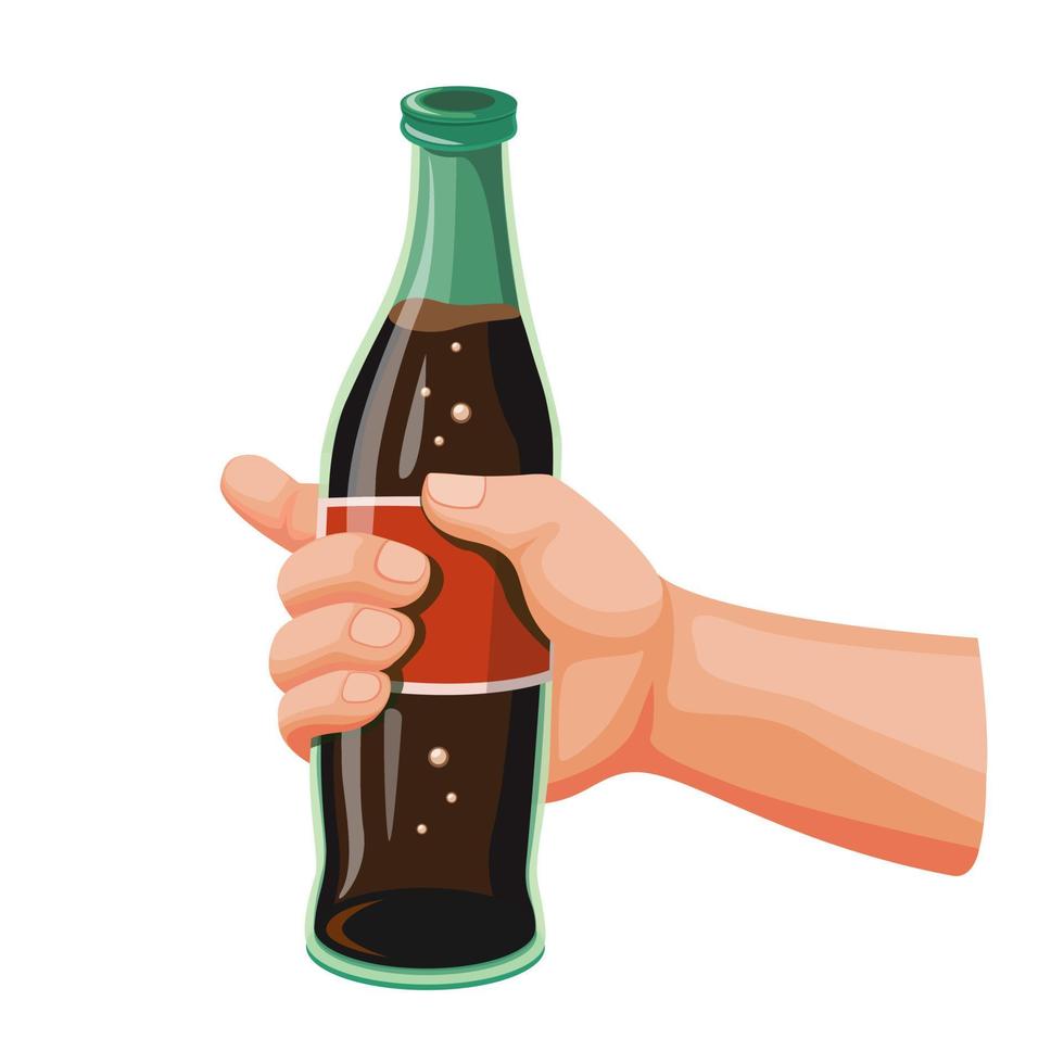 hand met frisdrank cola, frisdrank drinken in glazen fles cartoon realistische illustratie vector op witte achtergrond