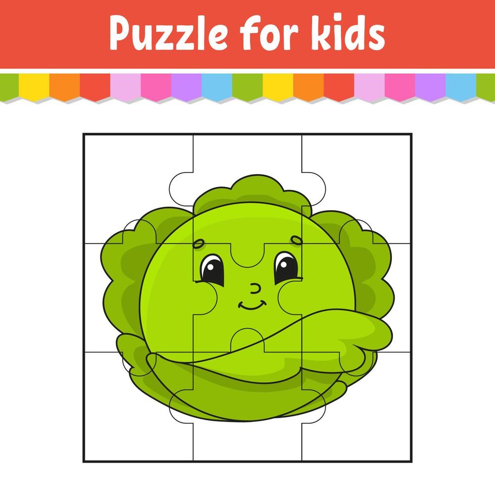 puzzelspel voor kinderen. puzzel stukjes. plantaardige kool. kleuren werkblad. activiteiten pagina. geïsoleerde vectorillustratie. cartoon-stijl. vector