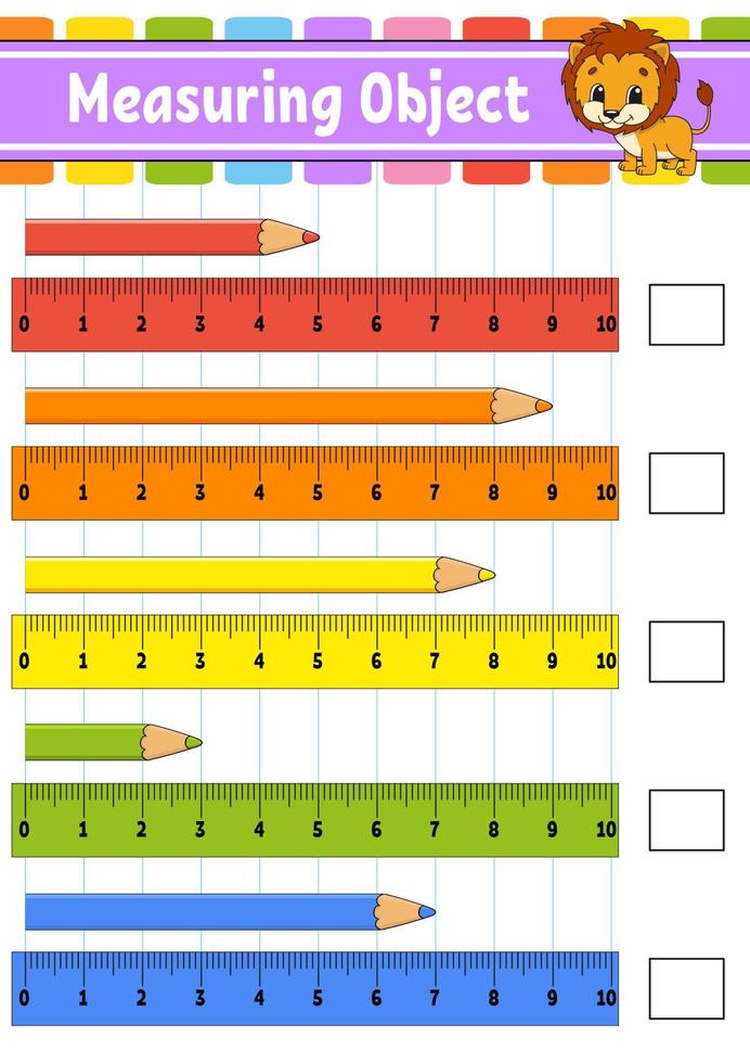 meetobject met liniaal. onderwijs ontwikkelen werkblad. spel voor kinderen. kleur activiteitenpagina. puzzel voor kinderen. schattig karakter. vectorillustratie. cartoon-stijl. vector