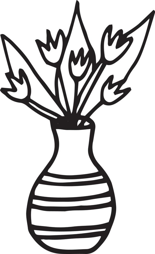 vaas met bloemen. hand getrokken element in doodle stijl. scandinavisch. gezellig huis, hygge, tulpen vector