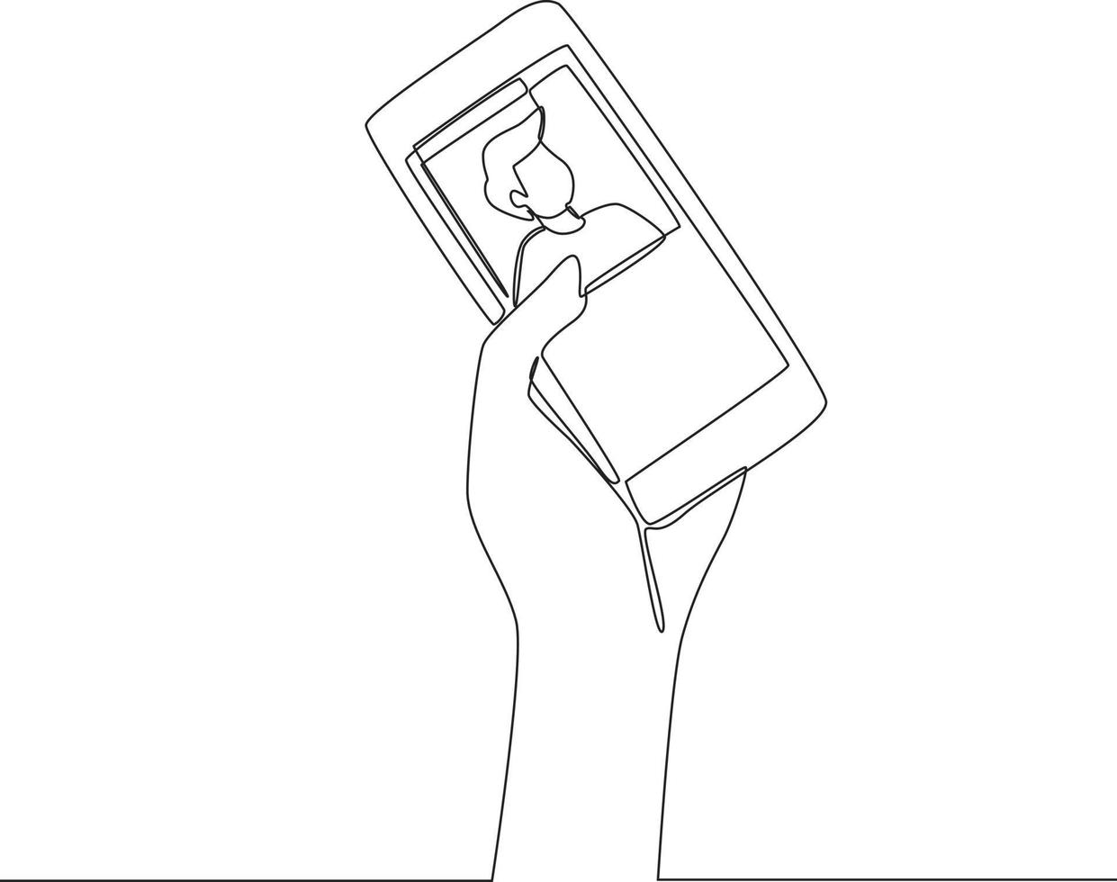 continue lijntekening van hand met mobiele telefoon, scrollscherm met jongensvriendfoto op sociale media, netwerken. vectorillustratie. vector