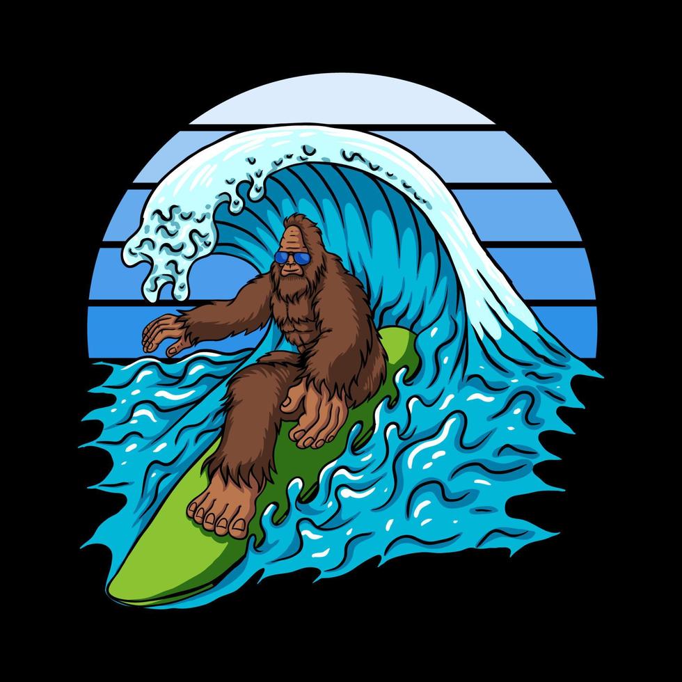 bigfoot surfen op de golven vectorillustratie vector