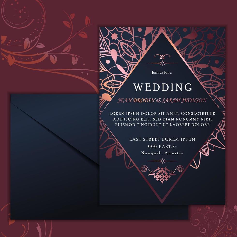 Luxe bruiloft uitnodigingskaart met paarse wervelingen vector