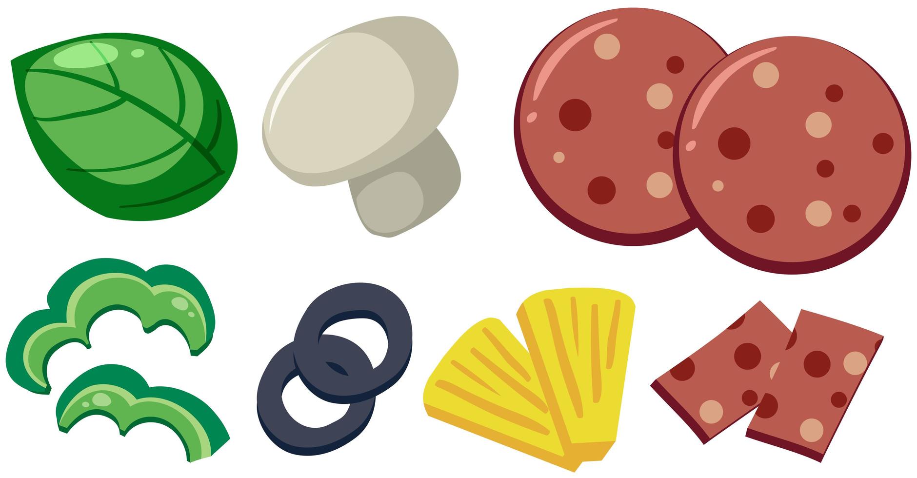 Een set pizza toppings vector