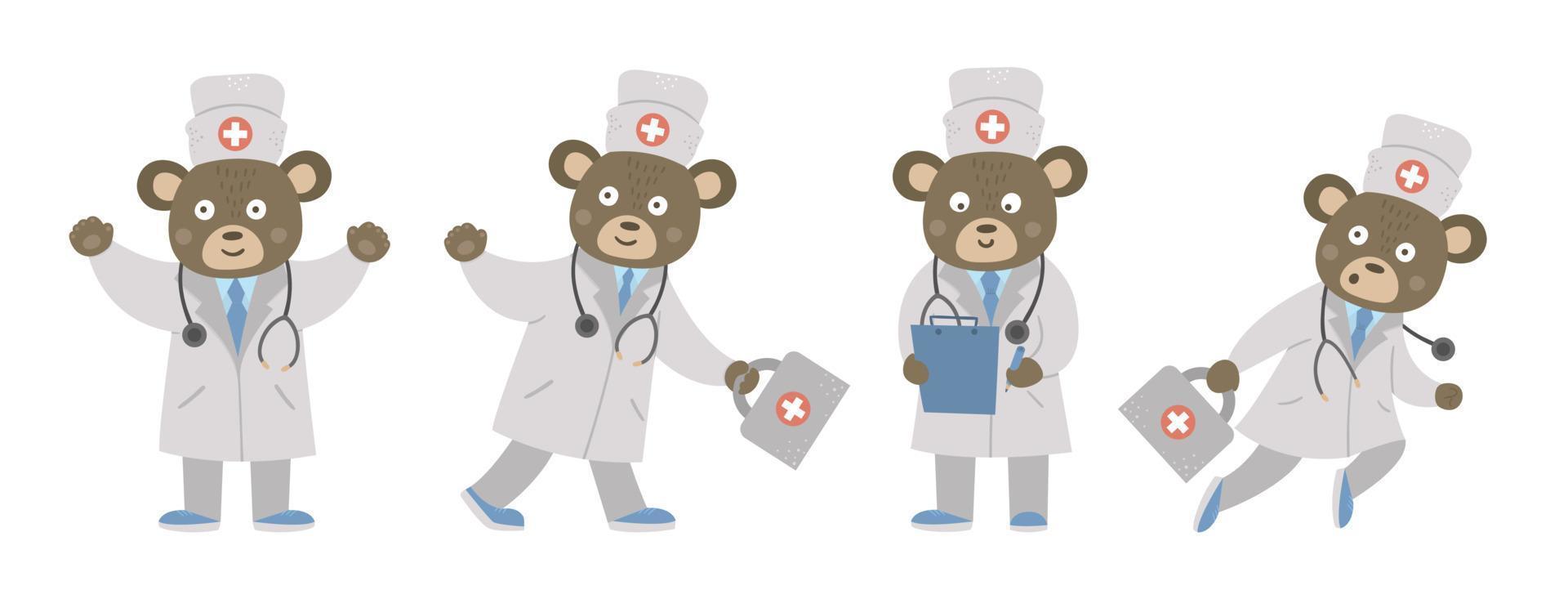 set van vector beer artsen in medische hoed met stethoscoop. leuk grappig dierlijk karakter. medicijn foto voor kinderen. gezondheidszorg pictogram geïsoleerd op een witte achtergrond