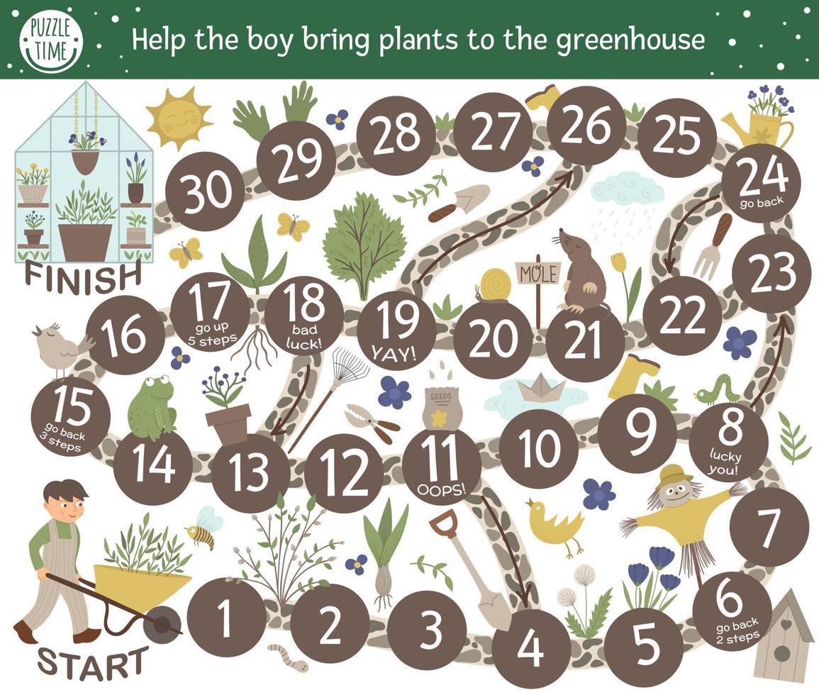 tuinavontuur bordspel voor kinderen met schattige karakters. educatief bordspel voor de voorjaarsvakantie. help de jongen om planten naar de kas te brengen. vector