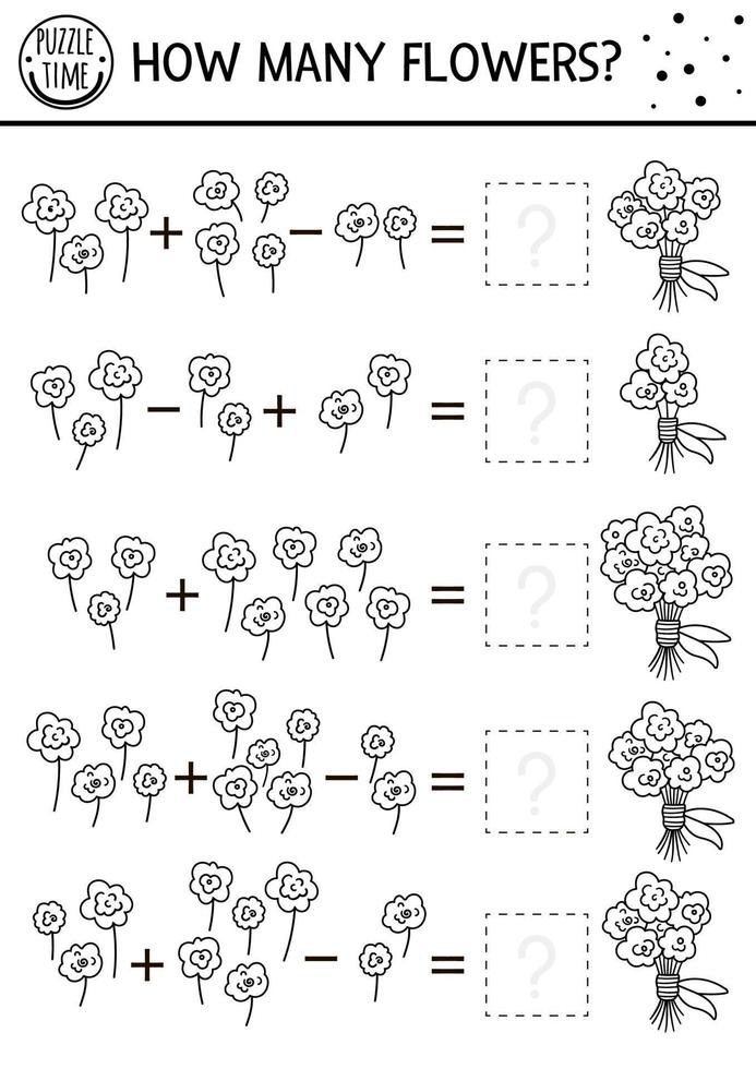 moederdag zwart-wit matching game met bloemen. vakantie wiskunde lijn activiteit voor kleuters met boeket. educatief afdrukbaar telwerkblad of kleurplaat voor kinderen vector