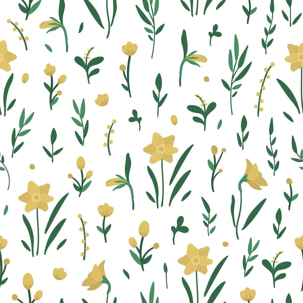 vector naadloos patroon met gele bloemelementen. tuin herhalende achtergrond met decoratieve planten. textuur met lente en zomer kruiden en bloemen.