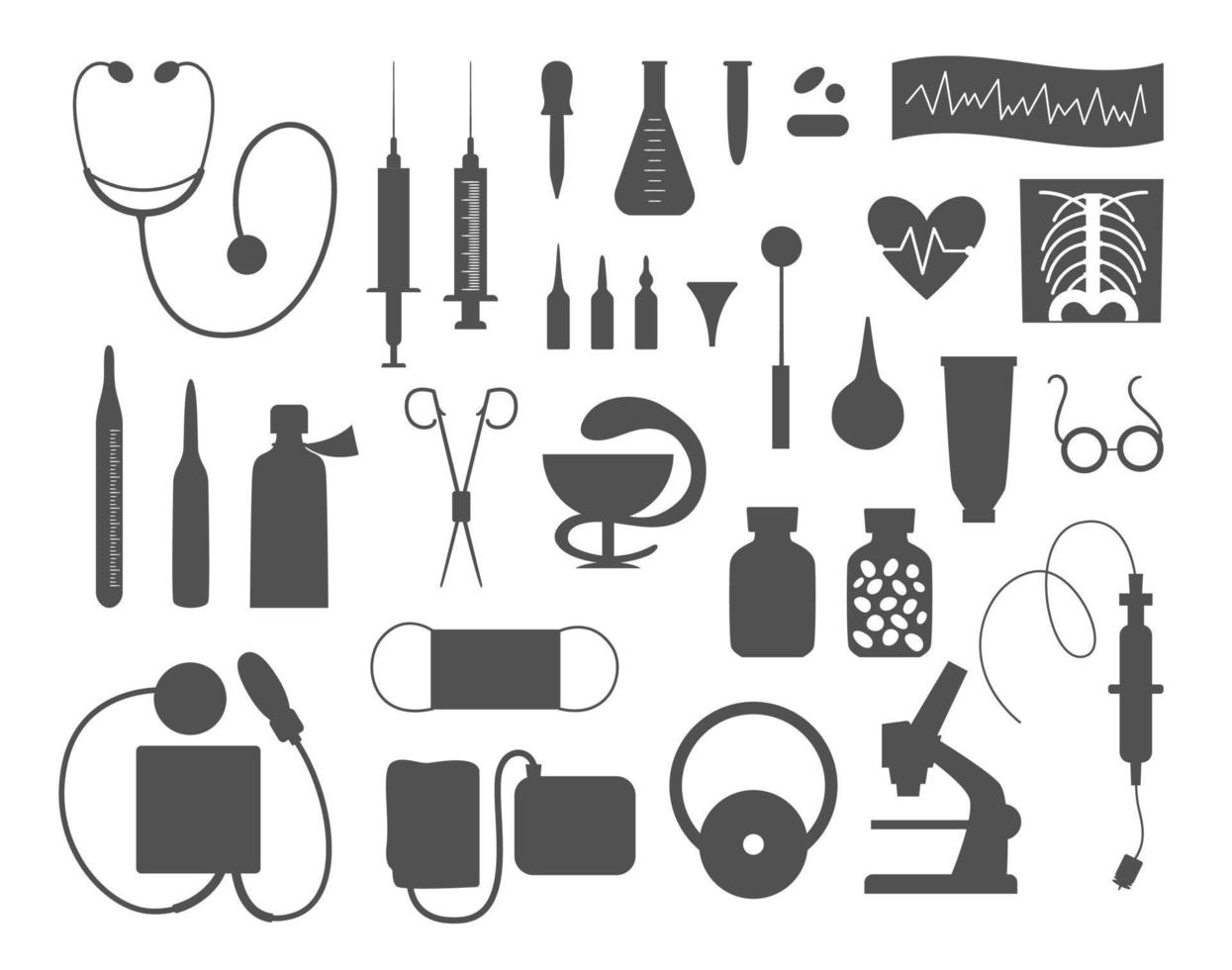 set van vector platte medische silhouet iconen. geneeskunde of ziektekostenverzekering, onderzoekscollectie. gezondheidszorg en laboratoriumapparatuur geïsoleerd op een witte achtergrond. illustraties voor gezondheidscontrole of behandeling