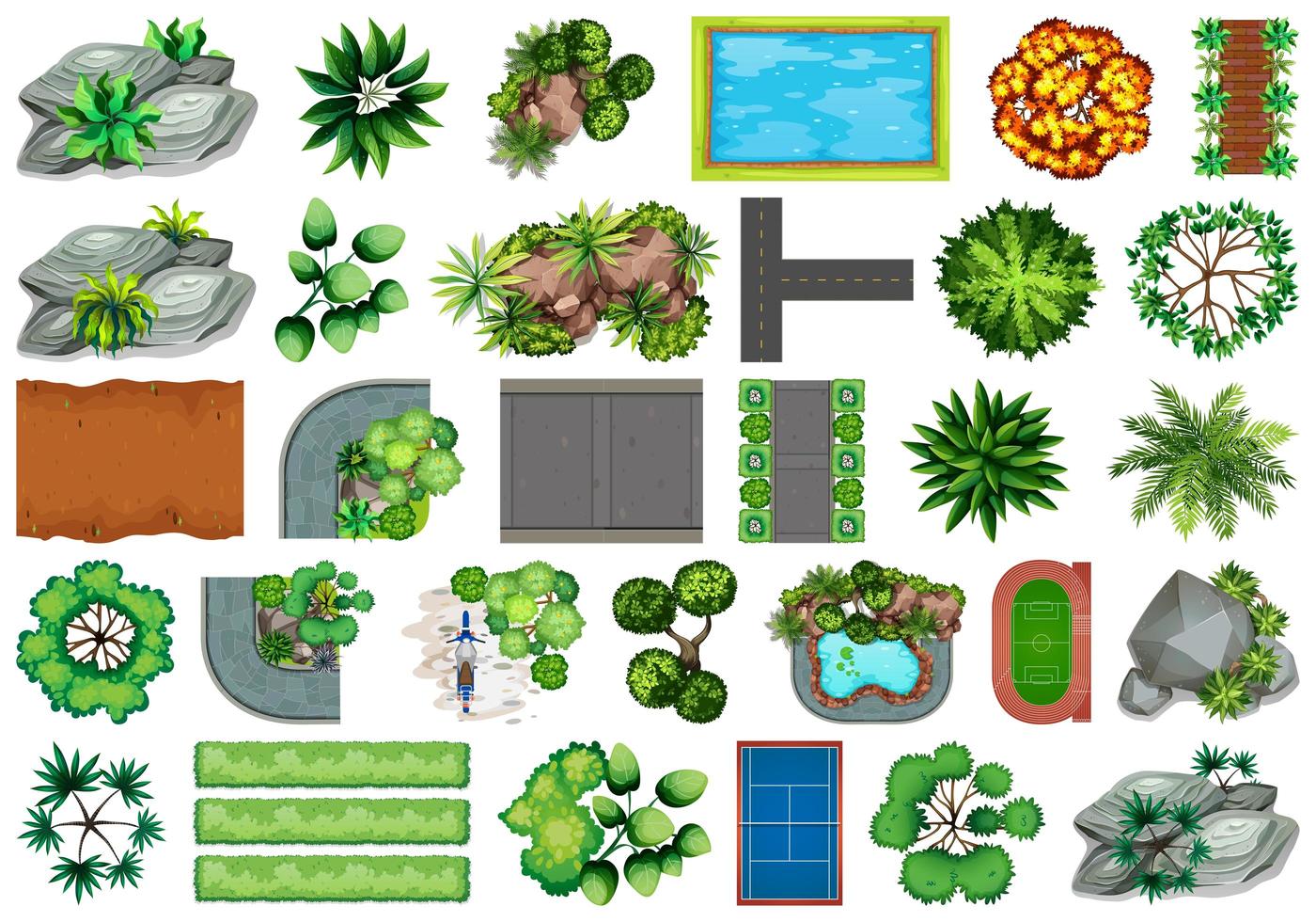 Verzameling buitenobjecten met natuurthema en plantelementen vector