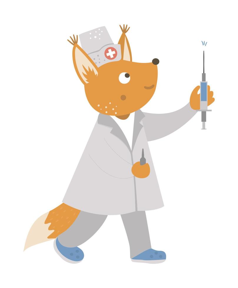 vector dieren arts. leuke grappige verpleegster eekhoorn met spuit. medische foto voor kinderen. ziekenhuis illustratie geïsoleerd op een witte achtergrond.