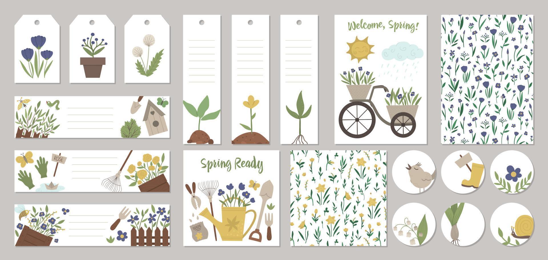 set vector lentetuin kaartsjablonen, cadeaulabels, labels, vooraf gemaakte ontwerpen, bladwijzers met schattige cartoon tuinieren elementen en karakters. grappige platte illustratie