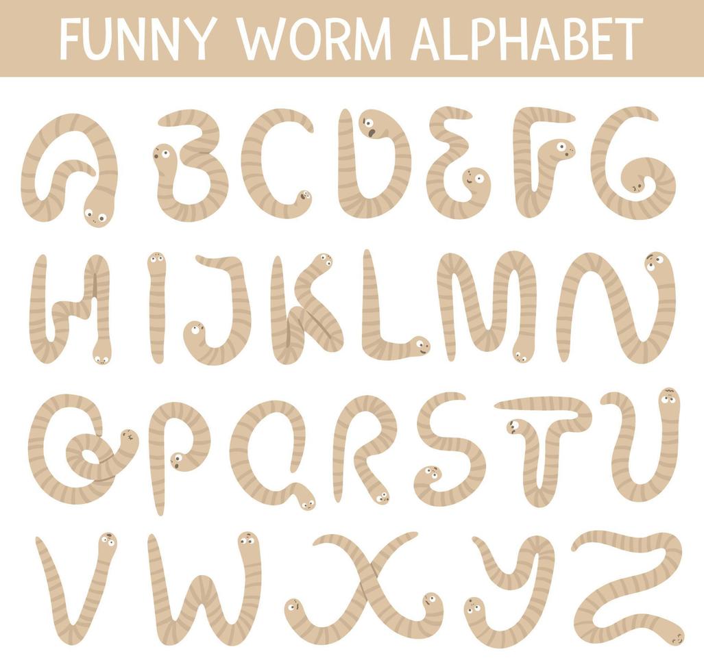 alfabet met lentetuinthema voor kinderen met wormen. schattig plat abc met insecten. horizontale lay-out grappige poster voor het leren lezen op een witte achtergrond. vector