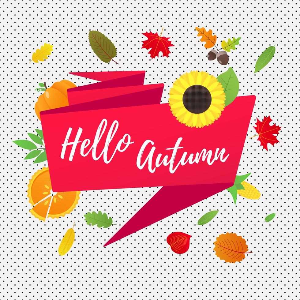 hallo herfst vector banner of poster kleurovergang vlakke stijl ontwerp vectorillustratie. enorm rood lint met tekst, gekleurde bladeren, pompoen, zonnebloem, taart en maïs geïsoleerd op een leuke achtergrond.