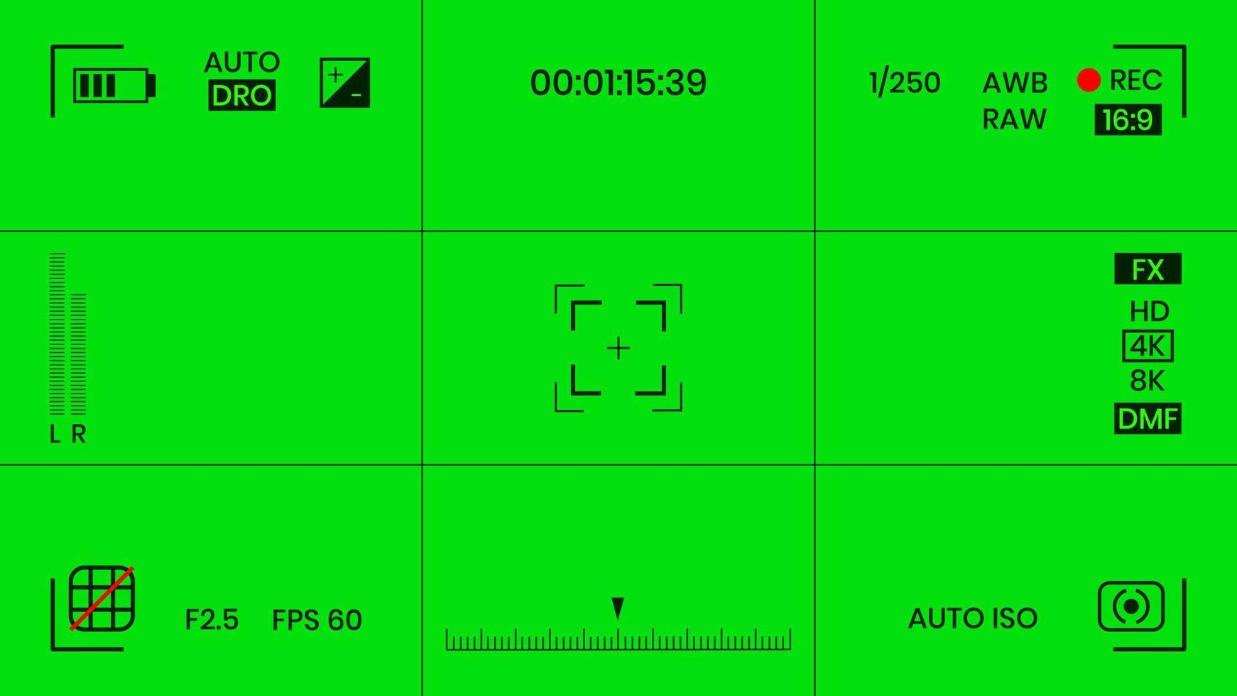 groen gekleurde chroma key camera rec frame zoeker overlay achtergrond scherm vlakke stijl ontwerp vectorillustratie. chroma key vfx scherm camera overlay abstracte achtergrond concept voor videobeelden vector