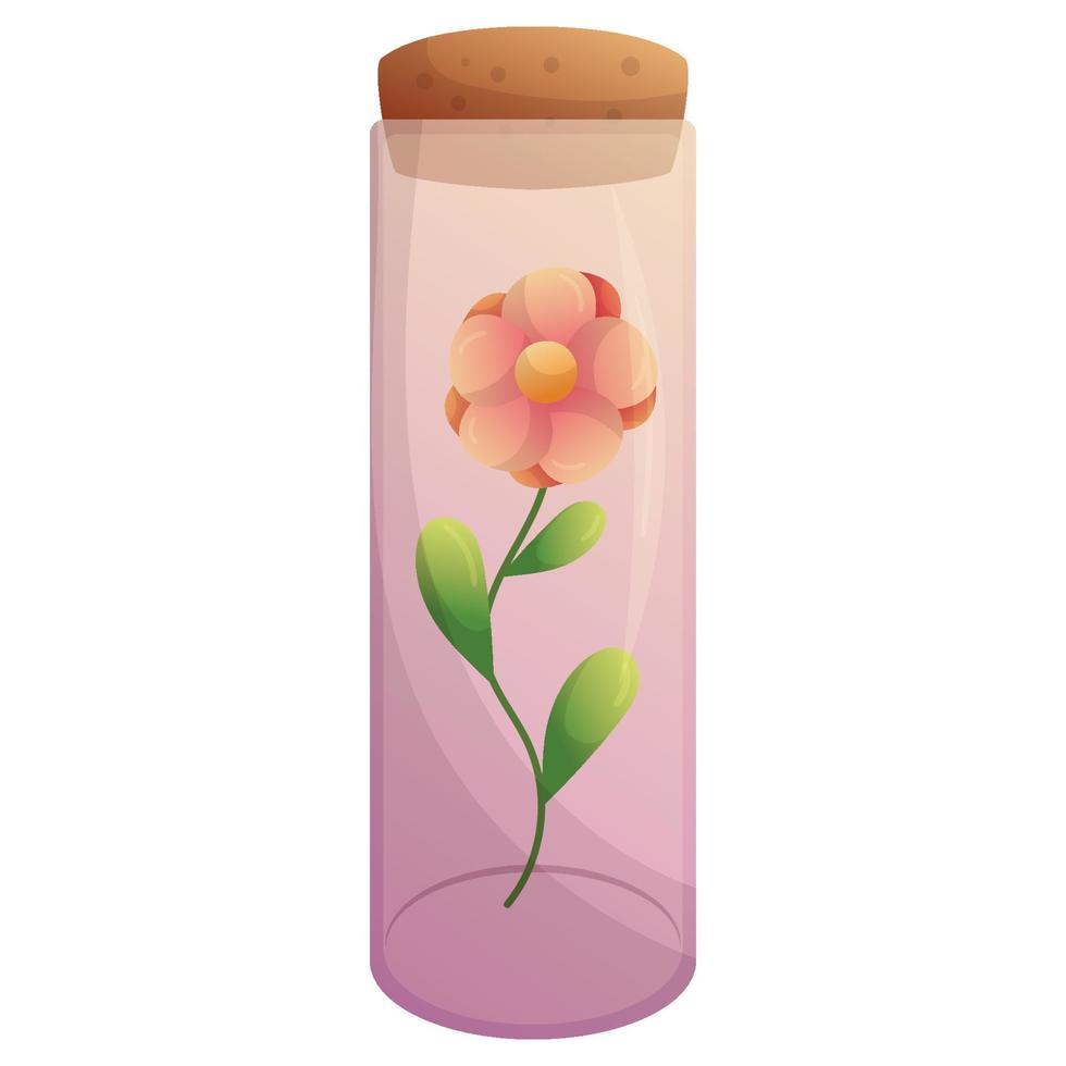 kleine bloem in reageerbuis met kurk. glazen fles met plant erin. geïsoleerde hand getekend vectorillustratie op witte achtergrond. ecologie natuur, biologische cosmetica concept. vector