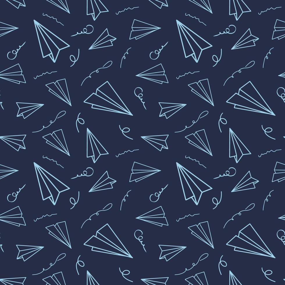 vintage design met papieren vliegtuigje naadloze patroon op donkerblauwe achtergrond. cartoon vectorillustratie. moderne kleur origami behang, abstracte achtergrond. vector