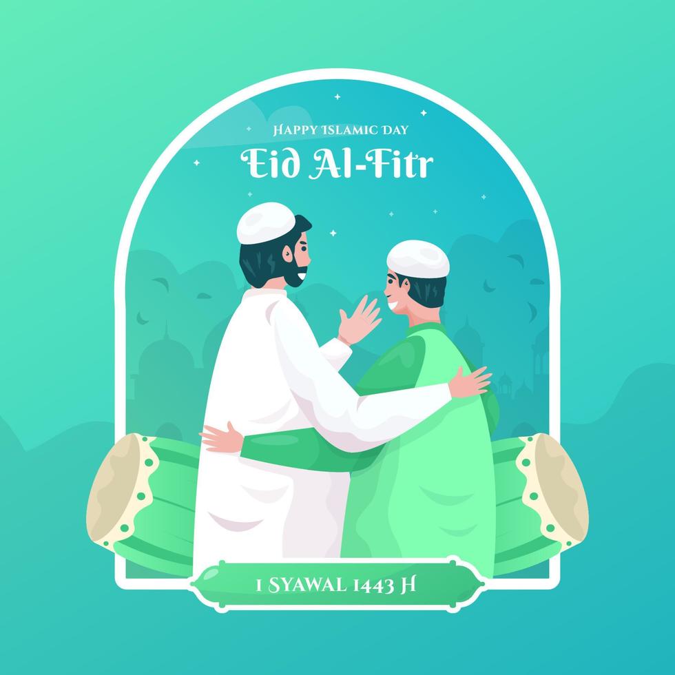 gelukkige eid al-fitr met een moslim knuffel plat ontwerpconcept vector