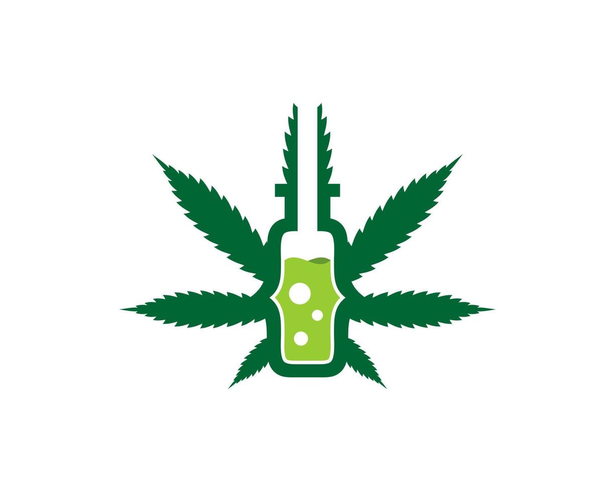 groen cannabisblad met fleslaboratoriumcode erin vector