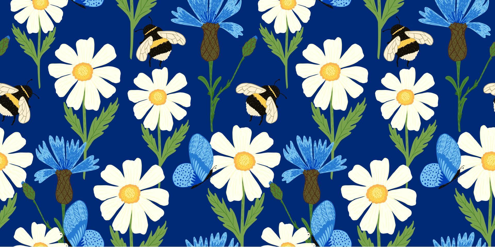 schattige bij op weide naadloos patroon. zomerbloemen op blauwe achtergrond. vector