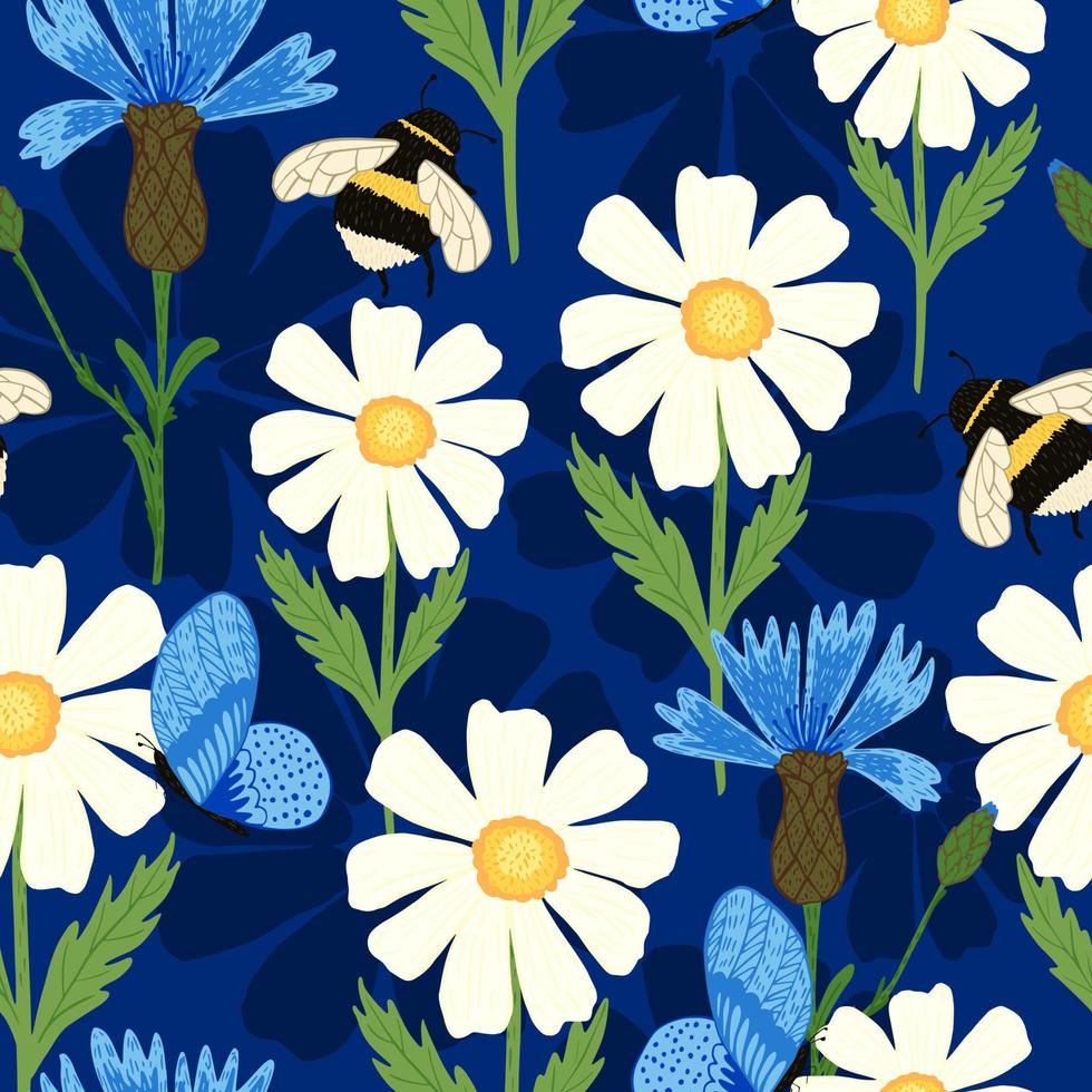 schattige bij op weide naadloos patroon. zomerbloemen op blauwe achtergrond. vector