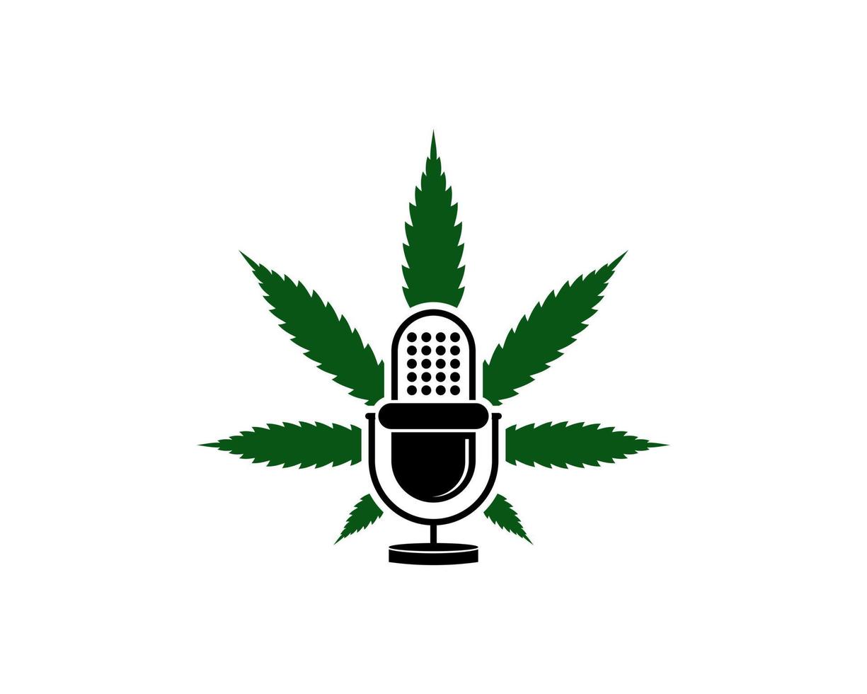 groen cannabisblad met podcastmicrofoon erin vector