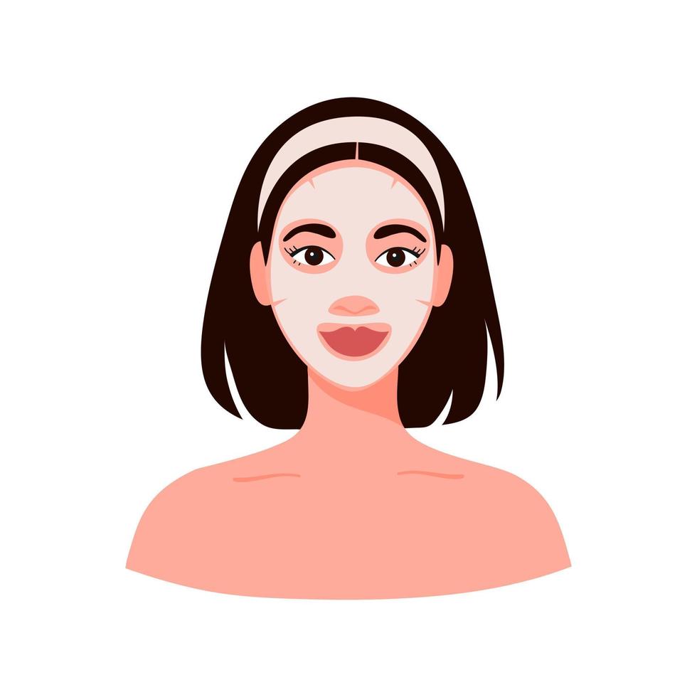 portret schattige jonge vrouw met een cosmetisch masker op haar gezicht geïsoleerd op een witte achtergrond. trendy vectorillustratie vector