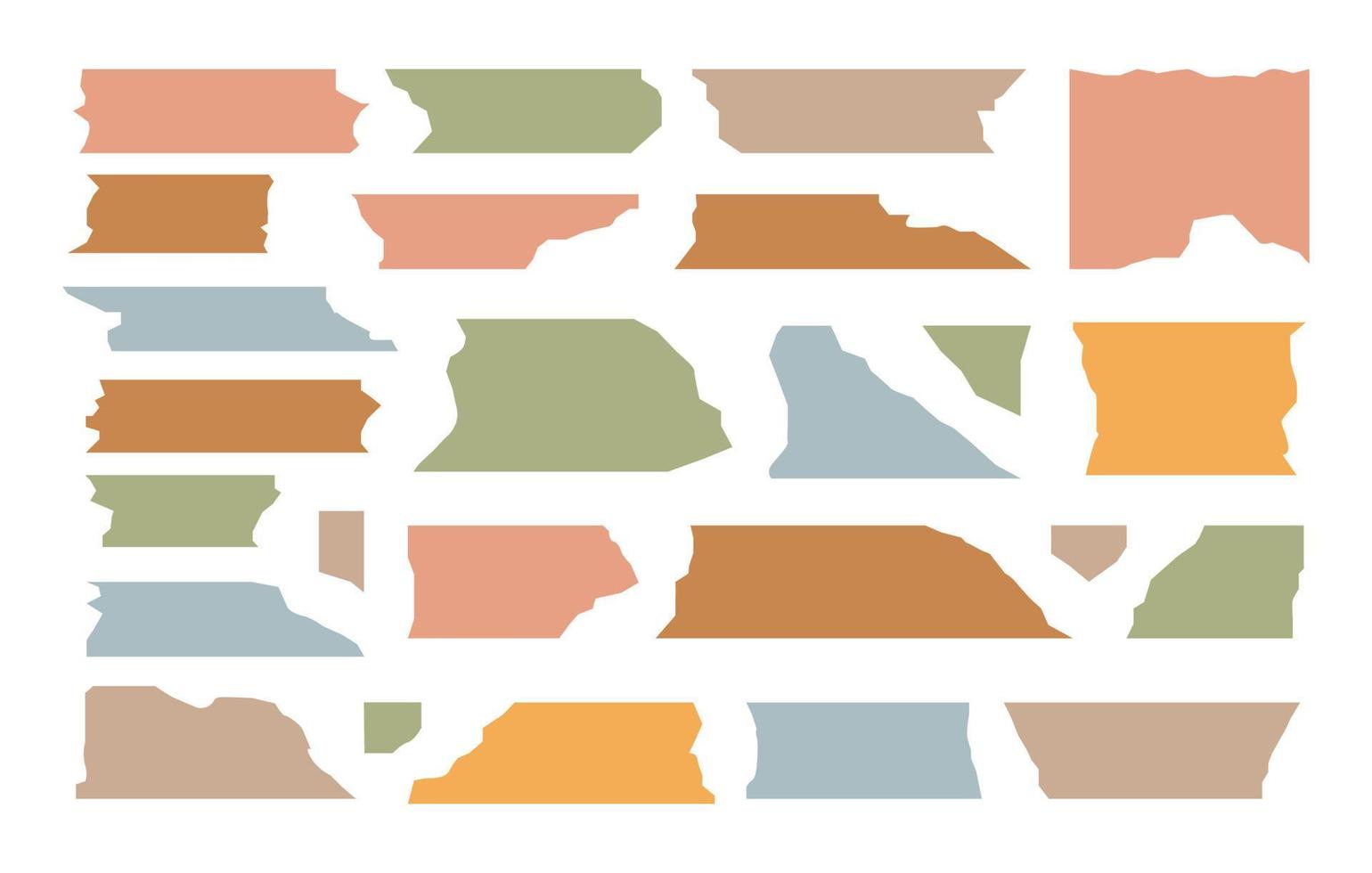 trendy set van kleurrijke verschillende washi tape geïsoleerd op een witte achtergrond. vectorstrepen en stukjes ductpapier, of scotch met verschillende opdruk vector
