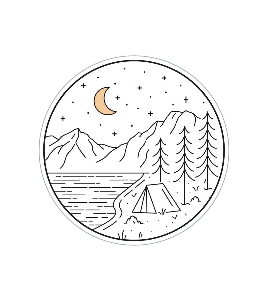 kamp in het nationale park van Grand Teton 's nachts in mono lijntekeningen, badge vectorillustratie, t-shirt kunst, ontwerp vector