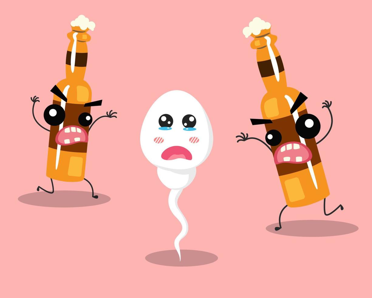 sperma loopt weg van cartoon met alcoholfles. ongezond sperma en ei concept. vector illustratie