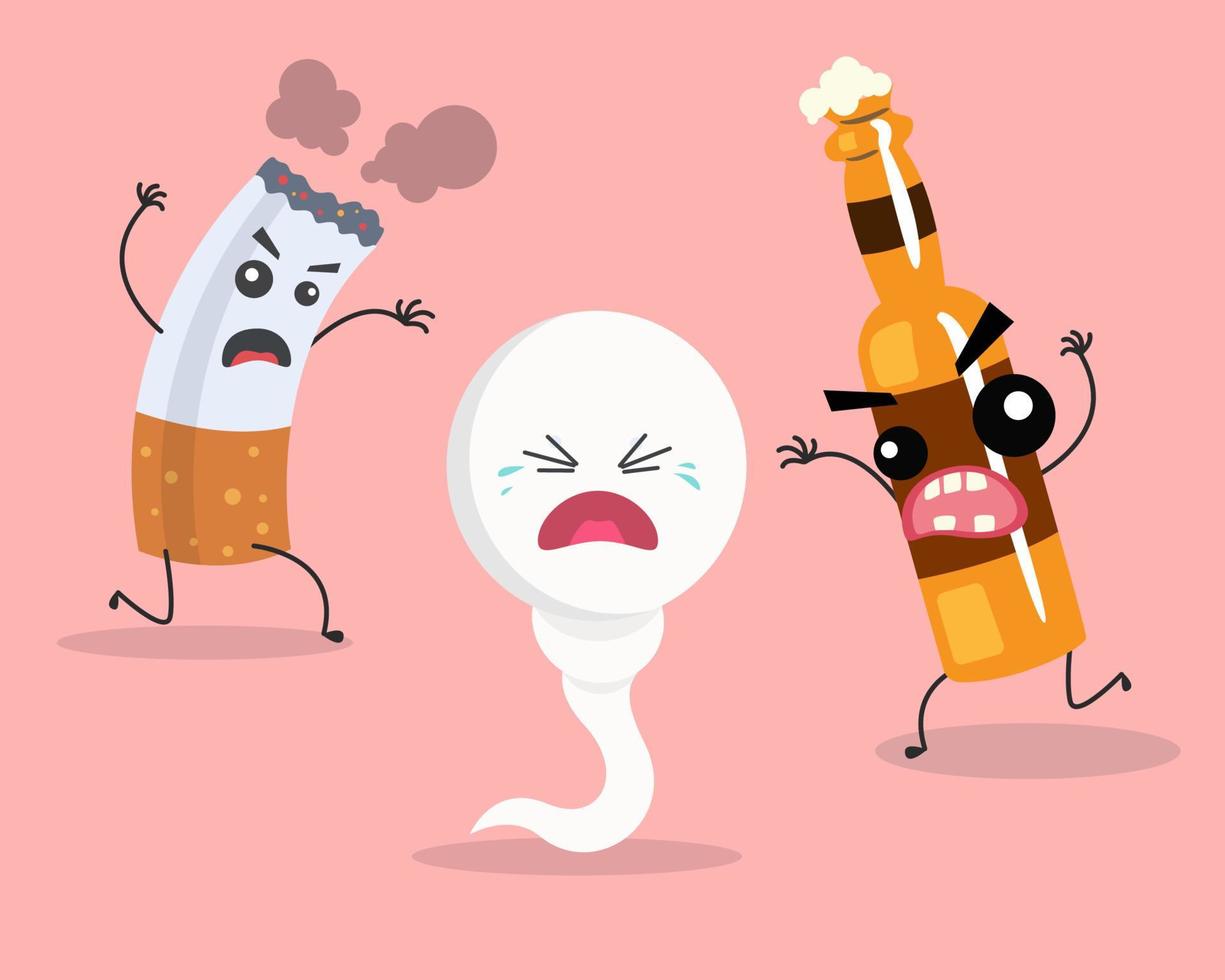 sperma loopt weg van alcoholfles en rokende sigarettencartoon. ongezond sperma en ei concept. vector illustratie