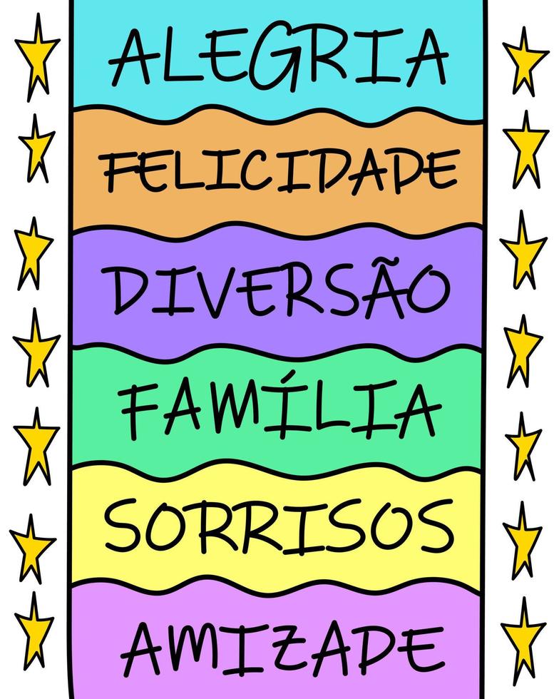 braziliaanse Portugese kleurrijke digitale familie belettering. perfect voor je vriend. vertaling - vreugde, geluk, plezier, familie, glimlachen, vriendschap vector