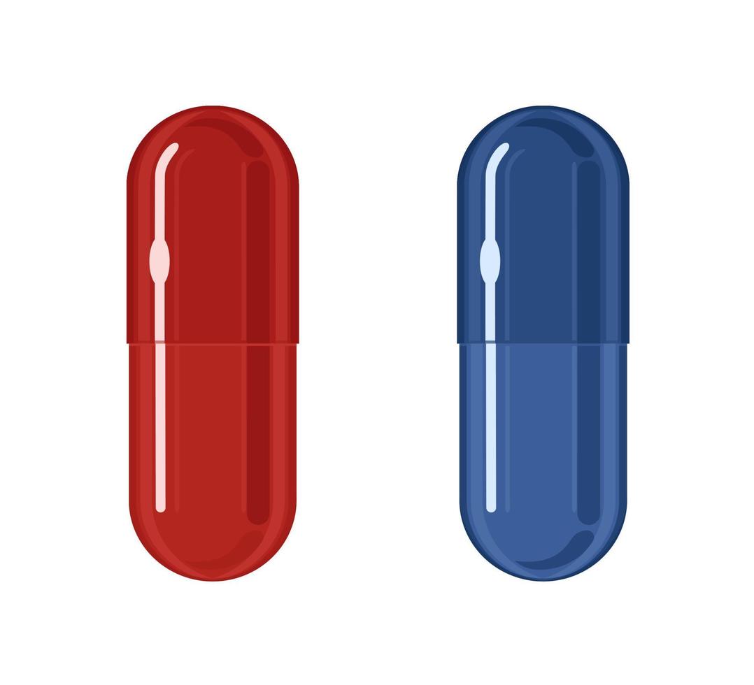 blauwe en rode pillen, vectorillustratie geïsoleerd op een witte achtergrond. concept van keuze. twee verschillende alternatieven metafoor. vector