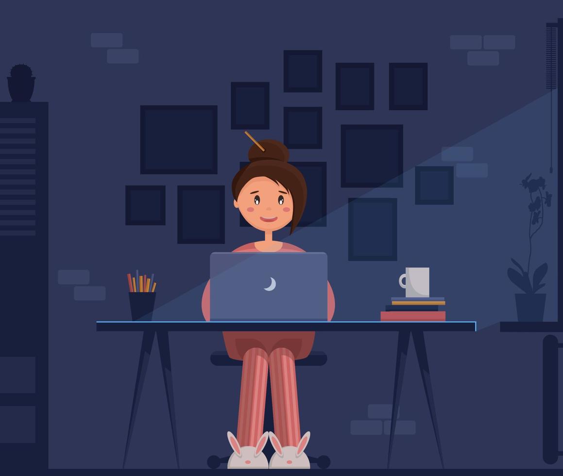 freelancer jonge vrouw zittend op haar kantoor aan huis met laptop 's nachts, werken. vector