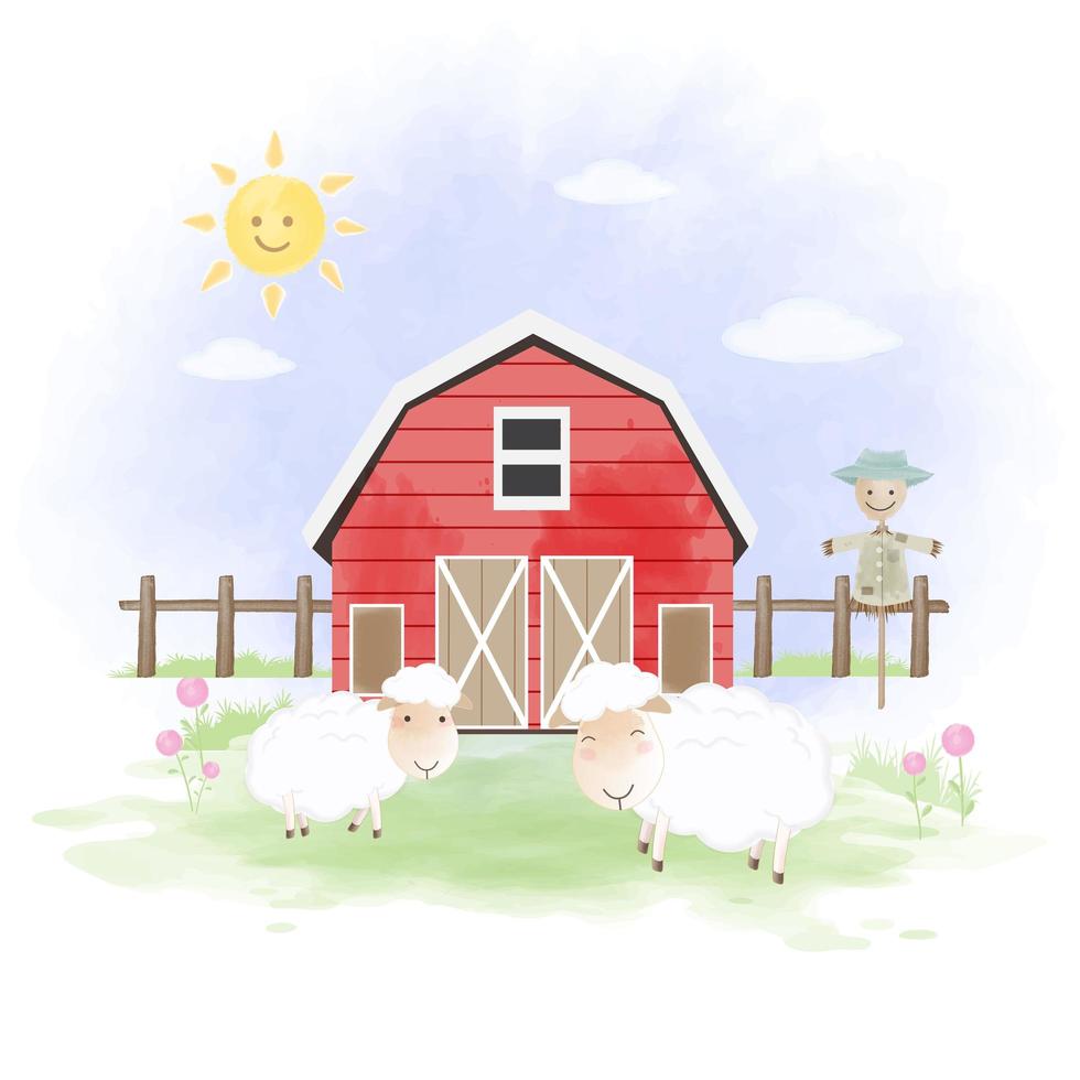schapen en schuur hand getekende illustratie vector