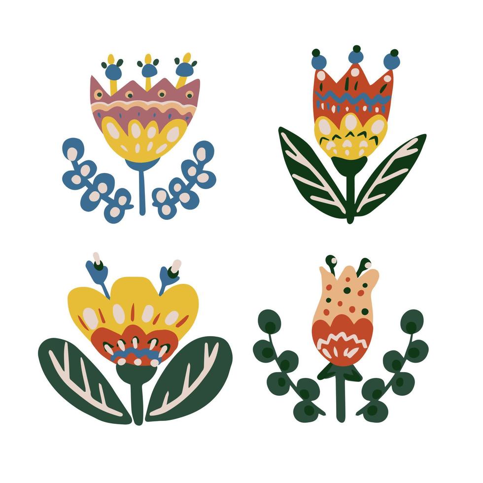 botanische elementen voor design. bloemen in folk etnische stijl. voor het maken van patronen, uitnodigingen, ansichtkaarten. rustieke folklore. felle trendy kleuren. vector