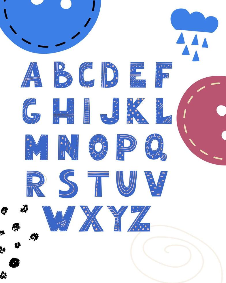 webposter met de letters van het engelse alfabet in de stijl van kindertekening. vector